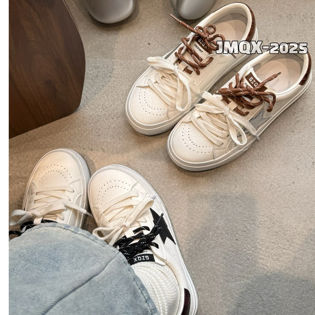 「严姐」英伦学院风复古星星板鞋休闲运动平底鞋女真皮小白鞋