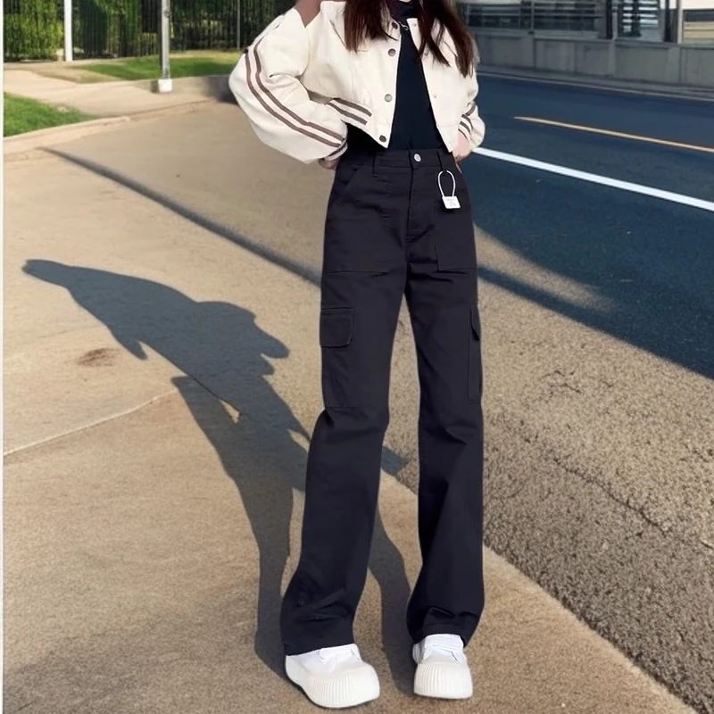 美式直筒工装裤女春秋2025新款黑色高腰窄版阔腿运动裤子时尚宽松