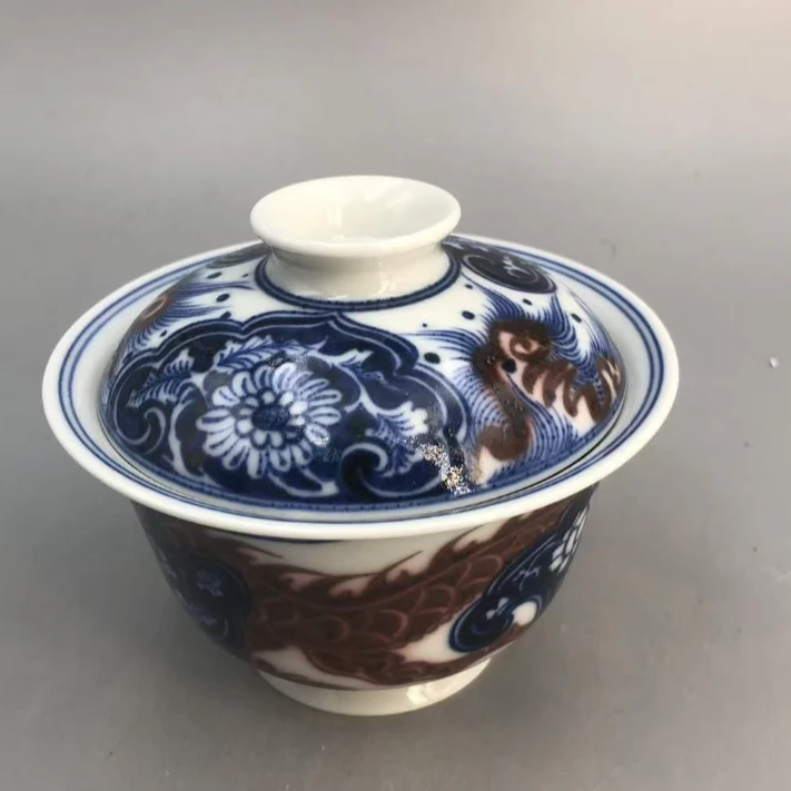 【占春生窑】青花釉里红穿花龙盖碗