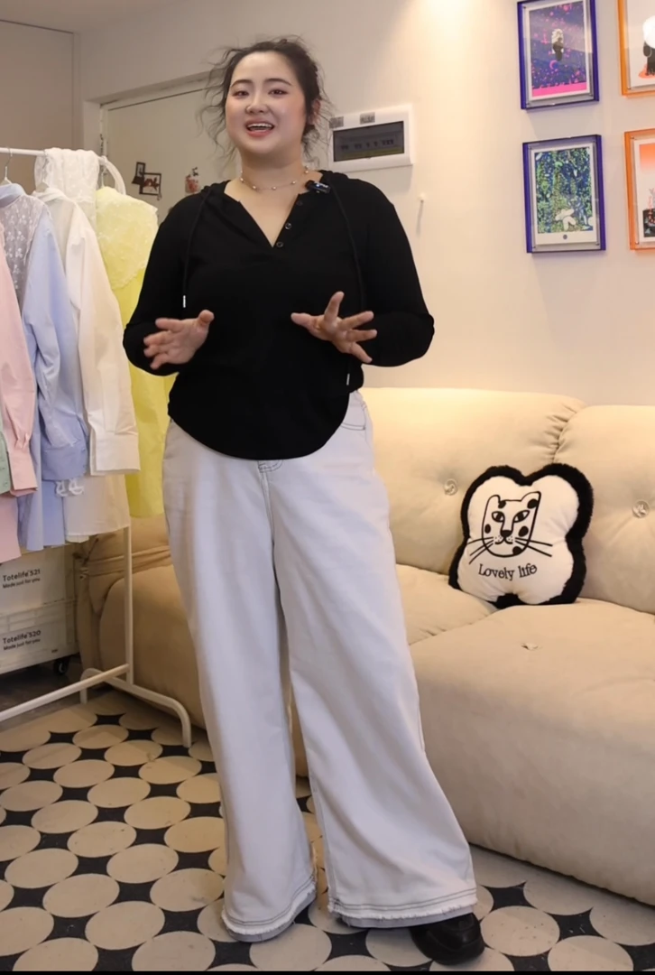 「谎言商店」灰白/浅蓝微喇流苏阔腿大码牛仔裤25SS