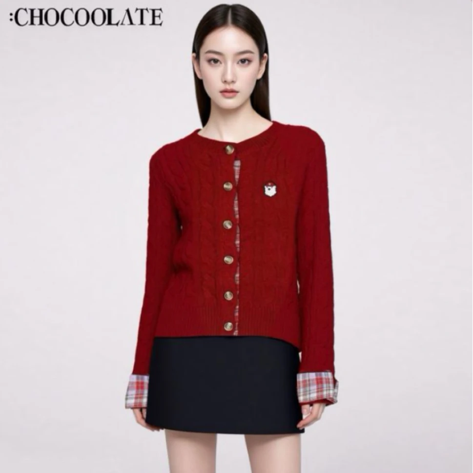 it：CHOCOOLATE复古学院风格纹拼接麻花保暖毛衣外套L02770