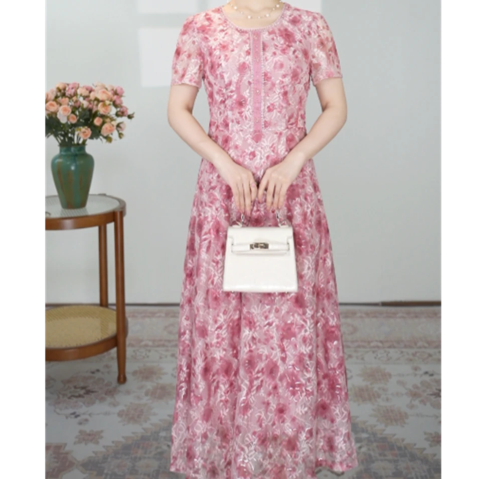 【妙莱 桃花运】气质刺绣水溶软蕾丝显瘦喜妈妈喜婆婆连衣裙M10296