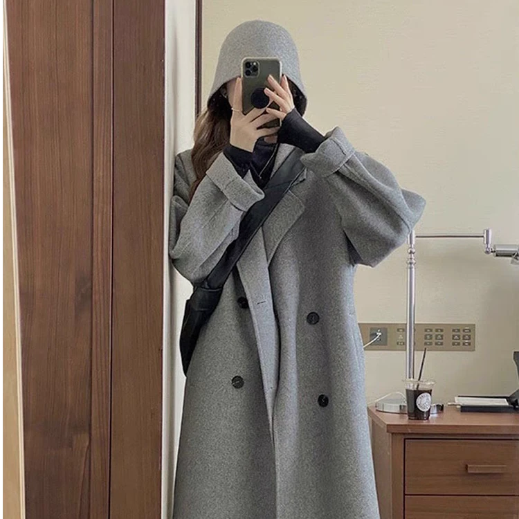 长款羊毛呢外套韩系极简风羊毛大衣秋冬季外套韩版显瘦小个子