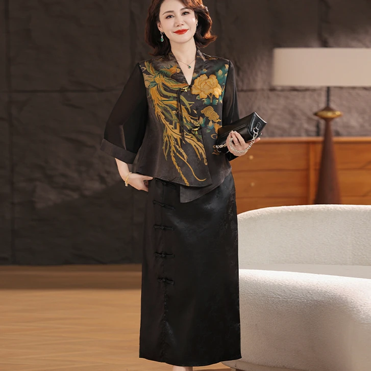 中年妈妈夏装衬衫套装2025新款上衣洋气短袖套装中老年女高贵小衫