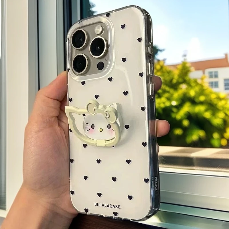 新款潮牌黑色爱心波点+猫咪支架大孔白底IMD手机壳ins透明