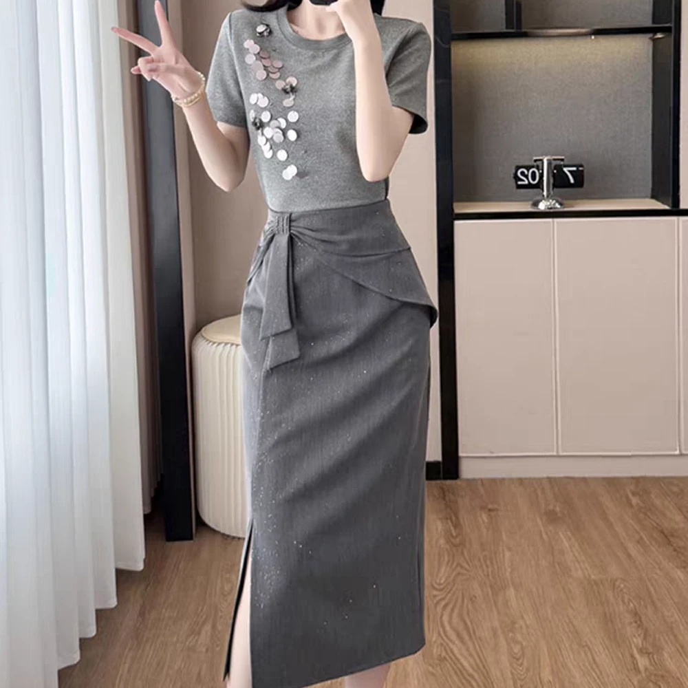 夏季新品潮流时尚休闲百搭小香风套装女短袖t恤裙子两件套