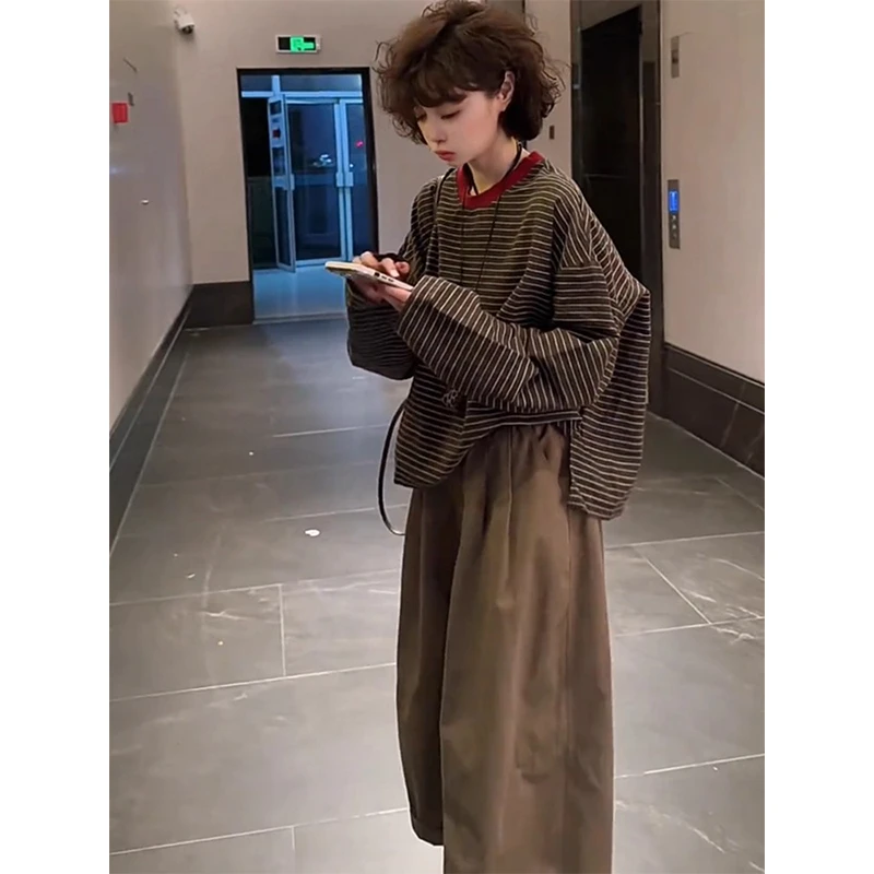 欧洲站2025秋季新款洋气百搭宽松条纹T恤女高腰纯色阔腿裤两件套