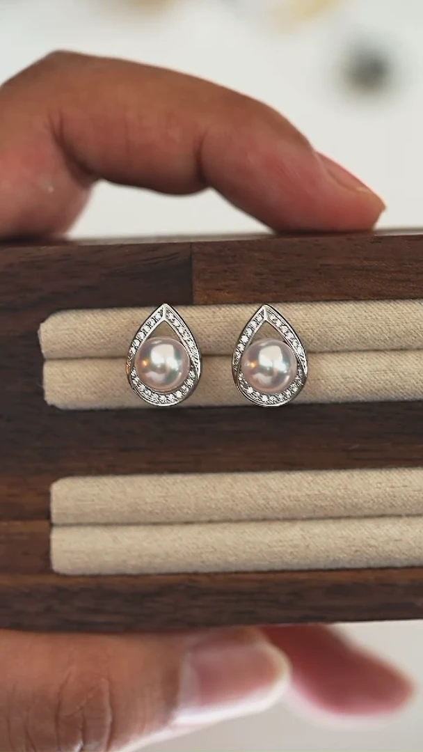 银S925镶嵌耳饰海水珍珠7.5-8mm akoya 极炫光耳钉