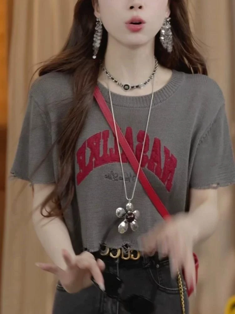 甜美风圆领薄款镂空毛绒字母短袖T恤女夏季新款宽松显瘦短款上衣