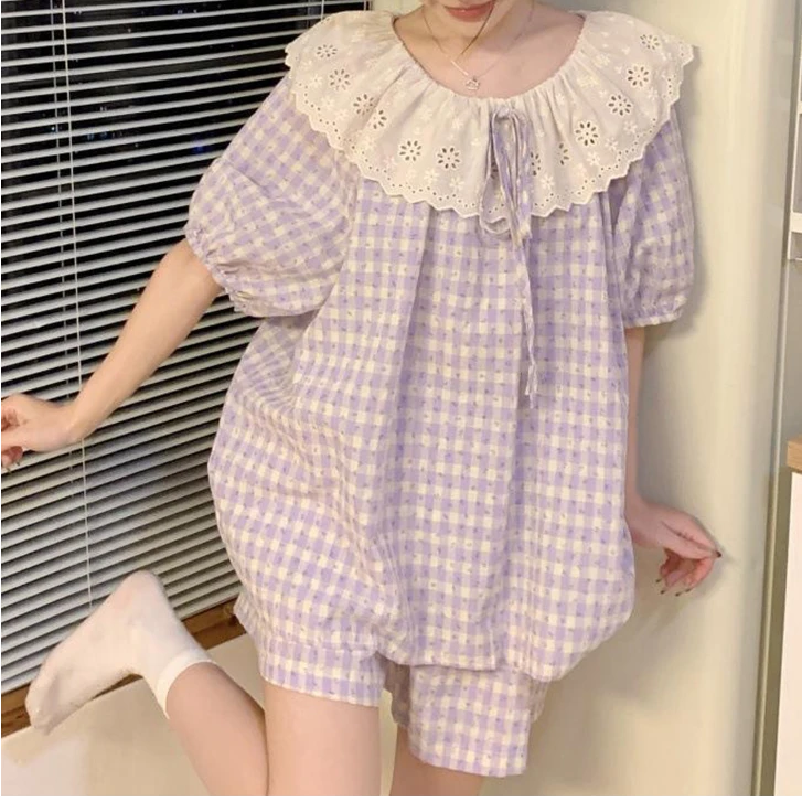 睡衣女春夏季少女甜美蕾丝花边格子短袖短裤家居服套装588