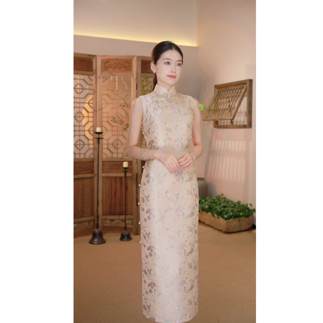 【花蝶绮梦】良辰媄锦全开襟带里衬桑蚕丝宋锦手工旗袍长约130CM
