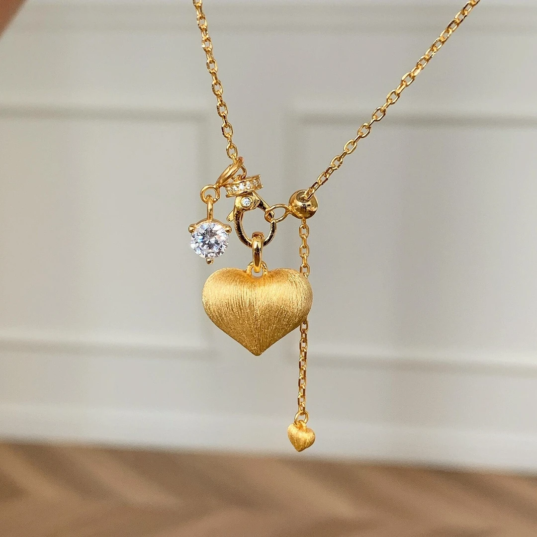 铜合金项链 中古金色拉丝爱心项链精致小众高级千金感气质毛衣链