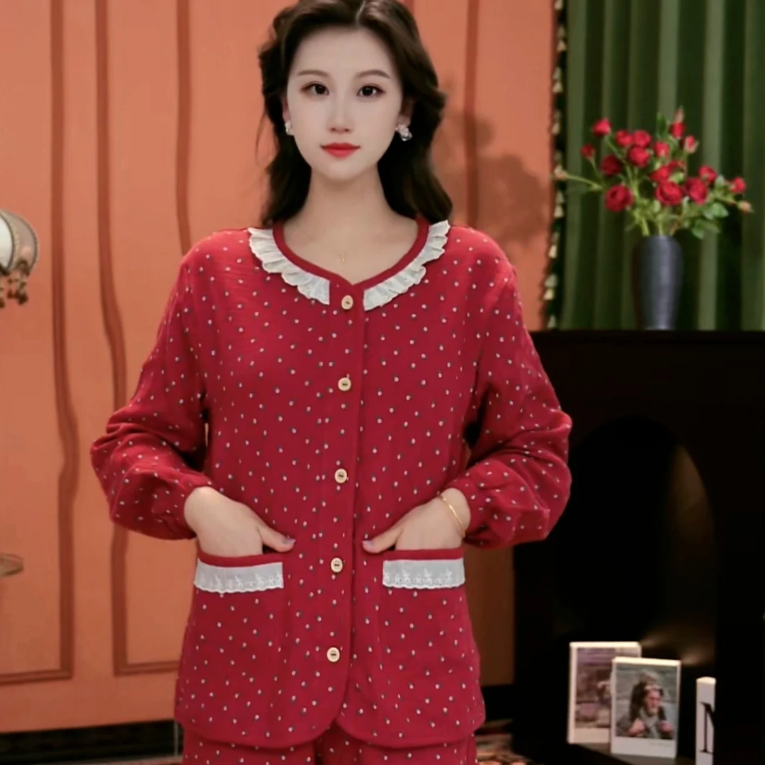 2025年新款-含苞待放红色-长袖睡衣双口袋束袖开衫睡衣家居服AYJ