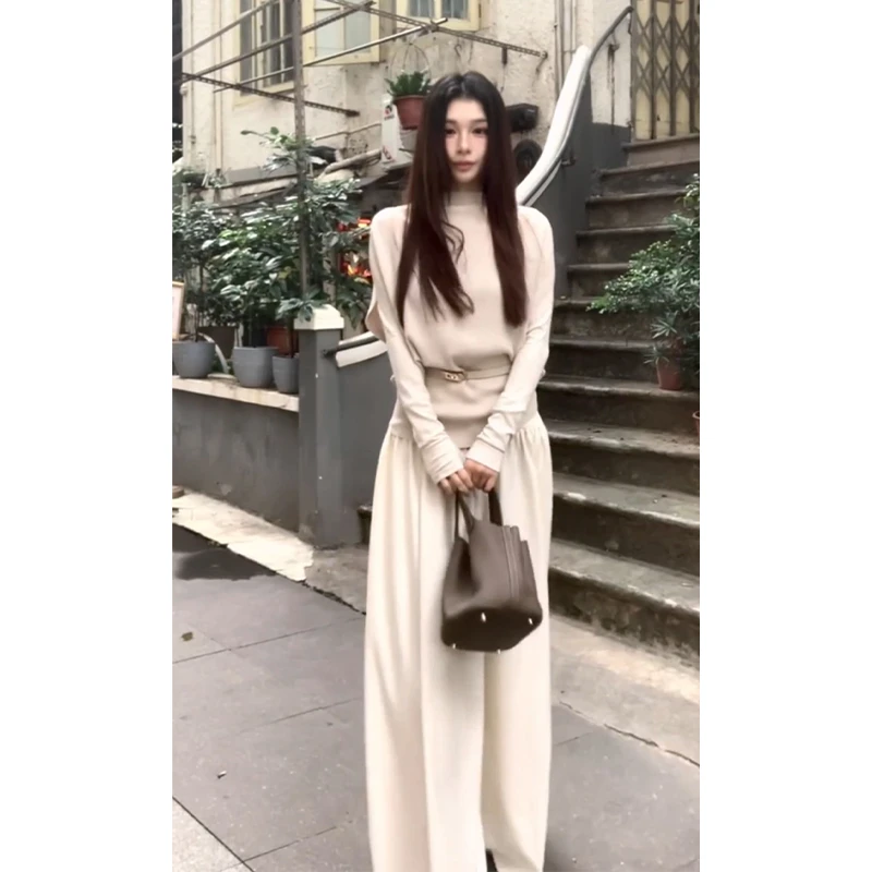 2025秋季新款女法式设计感宽松毛衣罩衫长袖内搭上衣高腰阔腿长裤