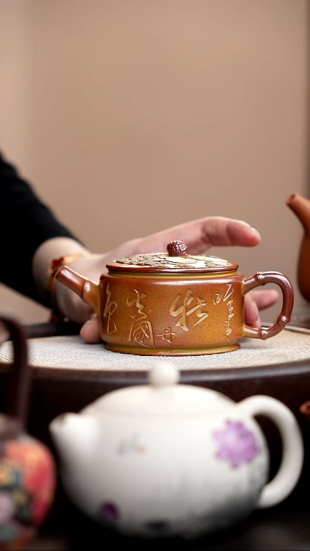 茶壶紫砂柴烧汉瓦泥绘双鸟