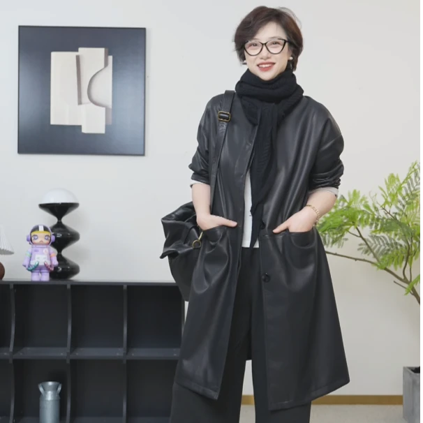 【U.M】布莱顿画报羊皮中长款拼色风衣外套