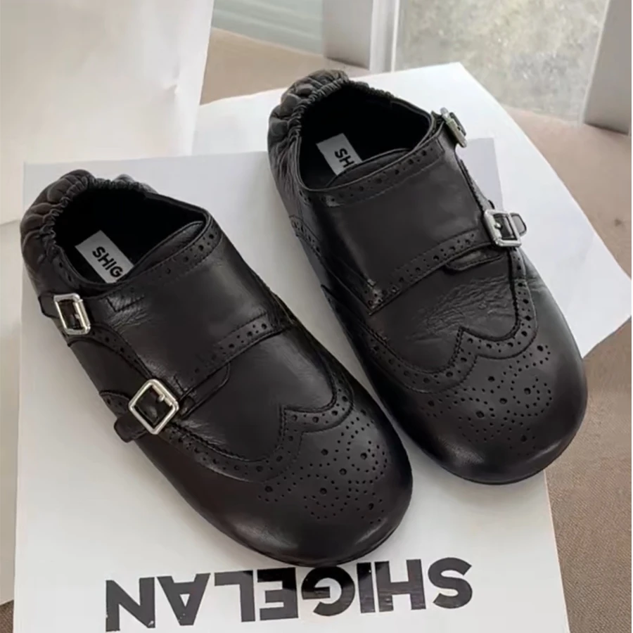 诗歌兰真皮女鞋2025春新款平底英伦风复古小皮鞋德比鞋玛丽珍单鞋
