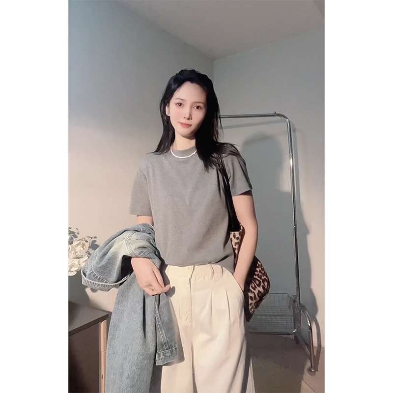 灰色t恤女正肩短袖t半高领春季夏季薄款纯色宽松显瘦体恤半袖上衣