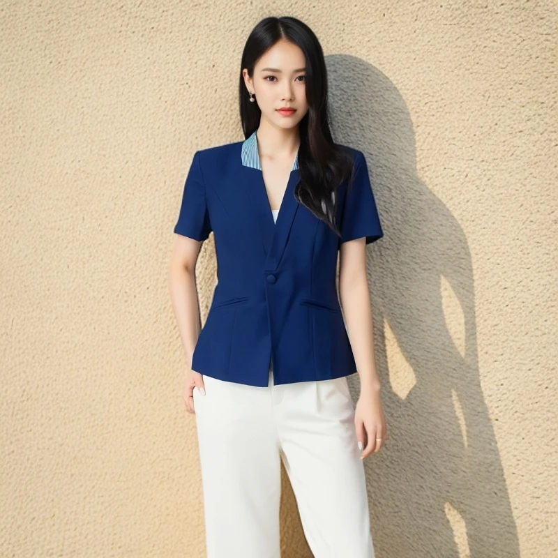 XF019短袖薄款藏青色西装外套女夏季职业装短款小西服