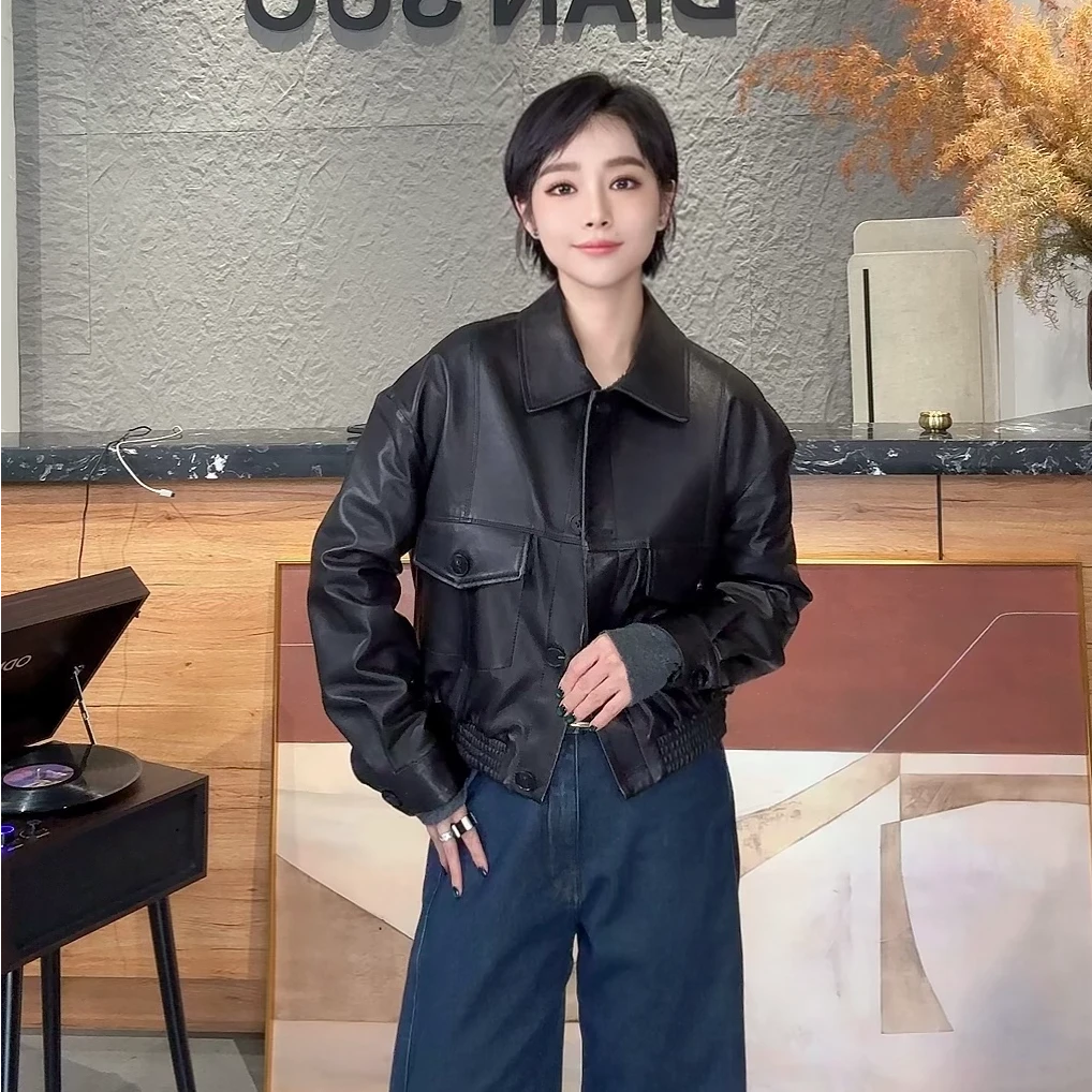 「点索DIANSUO」植鞣小羊皮女士真皮皮衣设计感网红短款外套33222