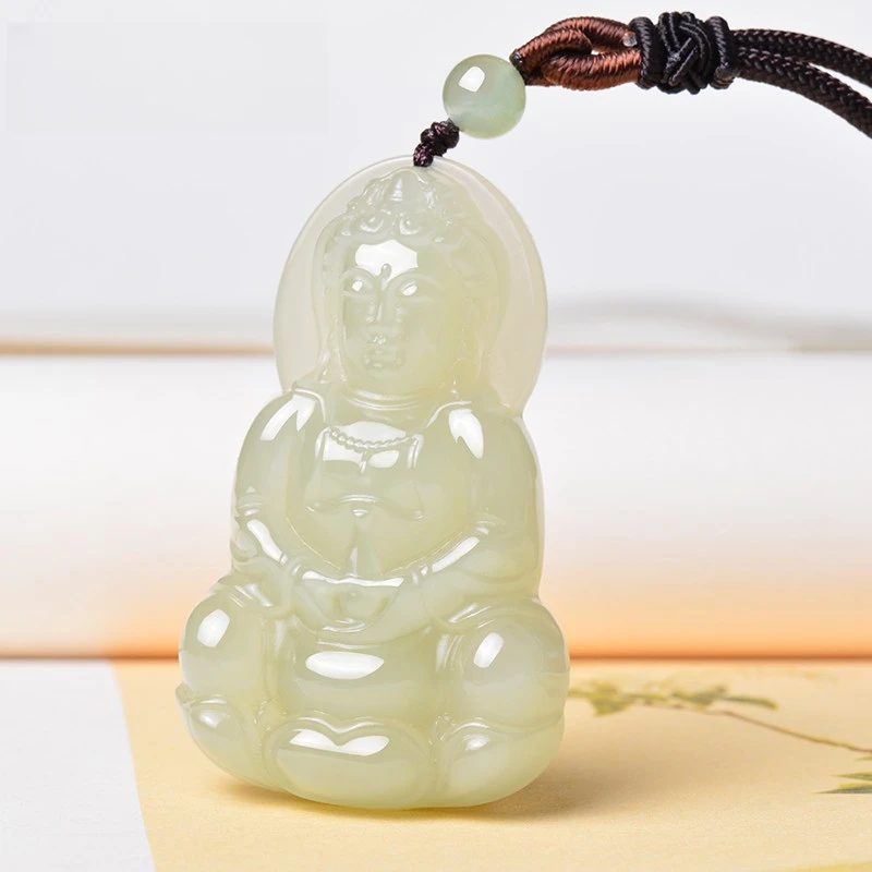 新疆和田玉观音男士玉佩带证书精美挂件气质黄口料精雕雕刻坠链子