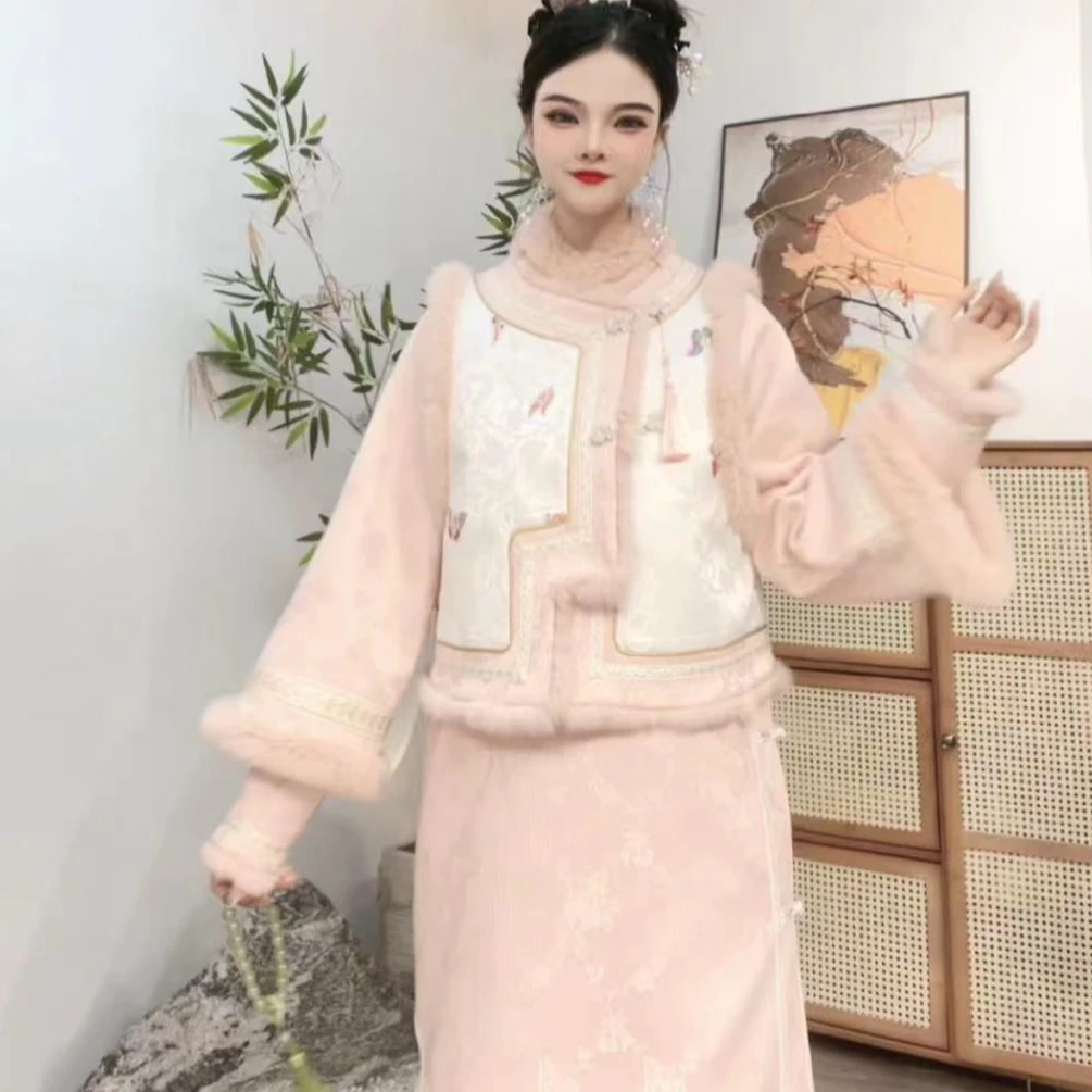 羽唐名复合链接 2024年秋冬复古中国风加厚提花马甲连衣裙套