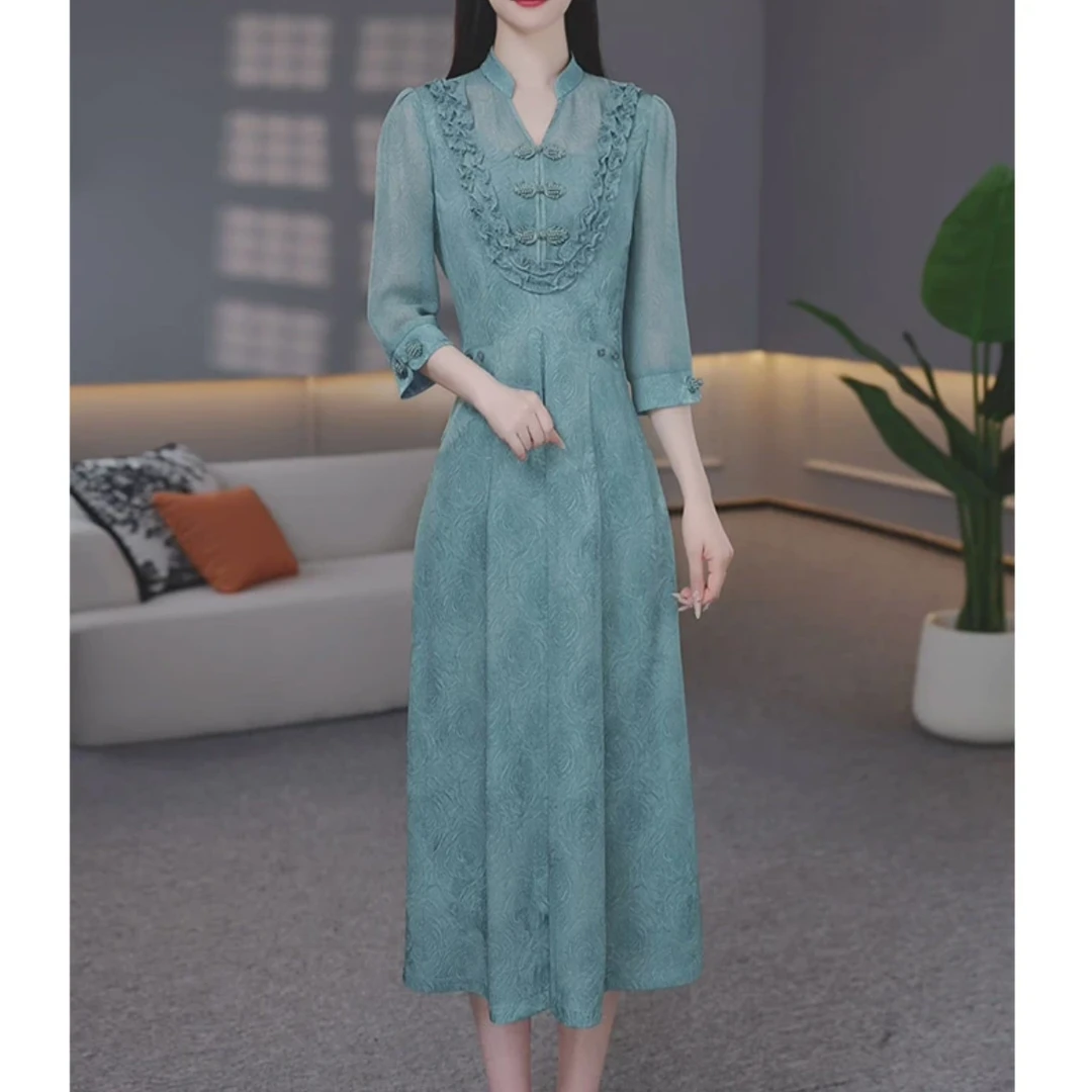 【连衣裙】2025新款圆领七分袖时尚精致显瘦气质中式连衣裙