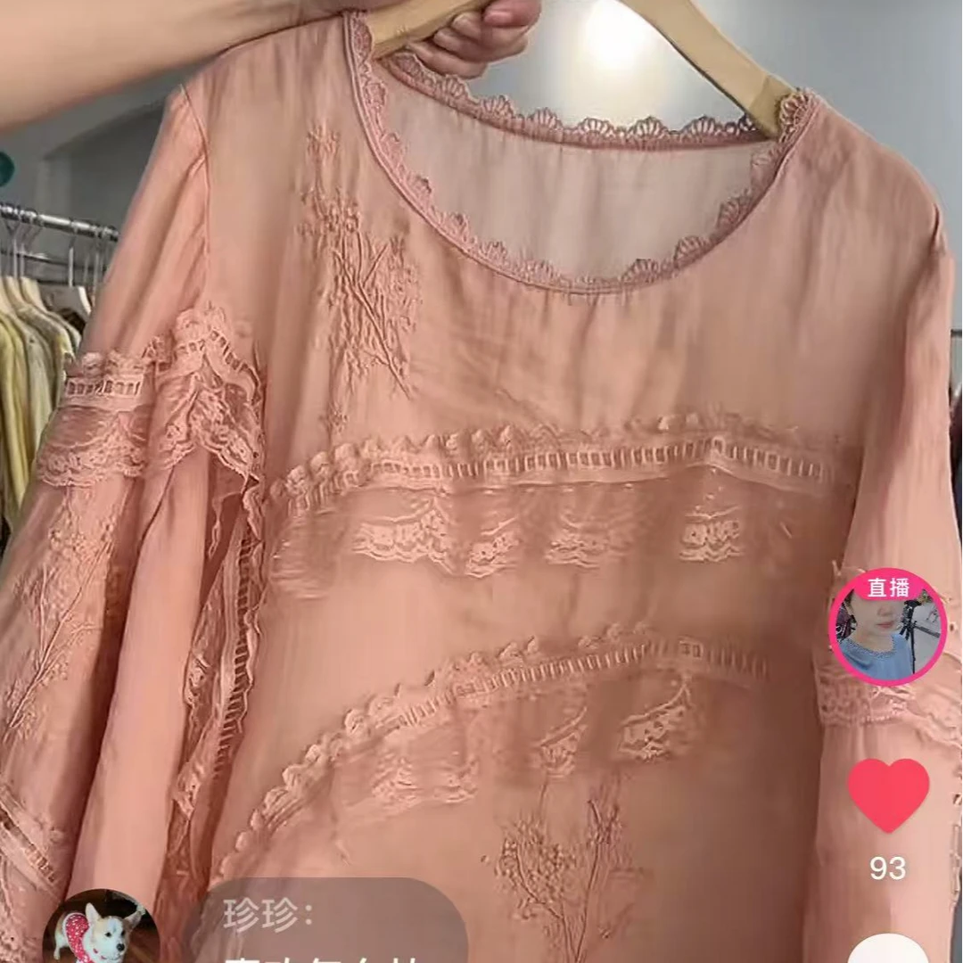 女士独特漂亮轻奢高级全身刺绣苎麻长袖套头小衫