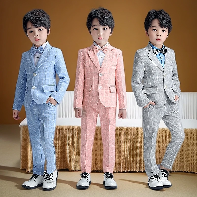 儿童礼服帅气格子西装套装男孩小西服宝宝童装演出西装生日小西装