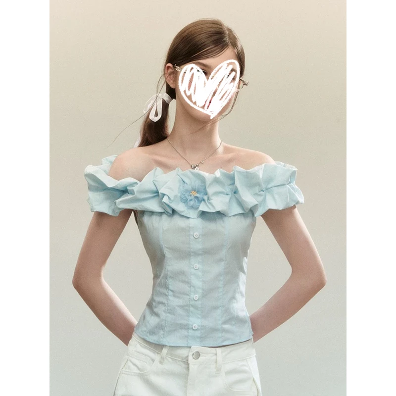 衬衫女款外穿别致小上衣一字肩短袖高腰显瘦白色阔腿牛仔裤套装