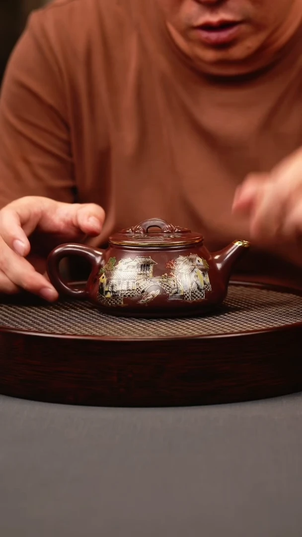 茶壶紫砂石红 剑流石瓢 忆江南珐琅彩
