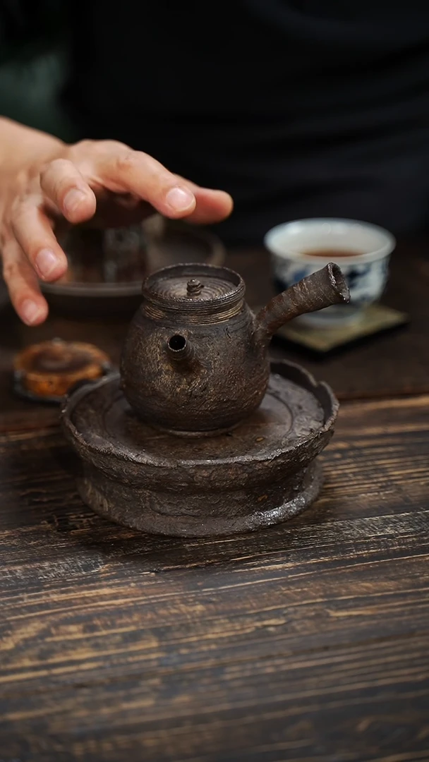 全手工制作 重工 南蛮 爆裂纹 重肌理  侧把壶