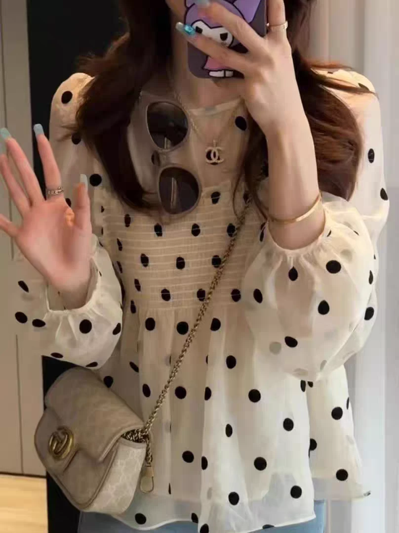 【阿芝专属】8005新款长袖法式甜美波点泡泡袖洋气减龄时尚雪纺上衣