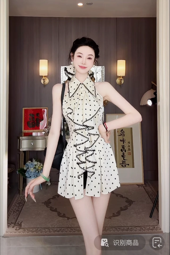 【雅乔定制】心动波尔卡 荷叶边拼接蕾丝无袖波点上衣DYYK-25042348