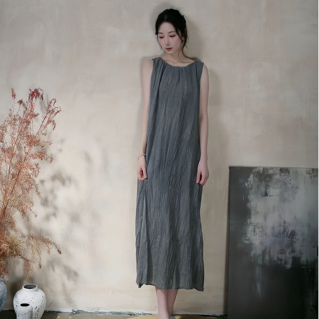 妙芙婷夏季新款斜纹苎纯色圆领肌理感无袖连衣裙禅意气质款女装