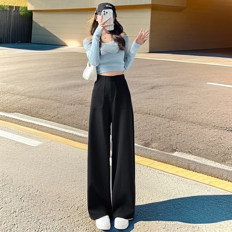 白色高级感窄版西装阔腿裤女秋新款高腰垂感显瘦休闲裤直筒拖地裤