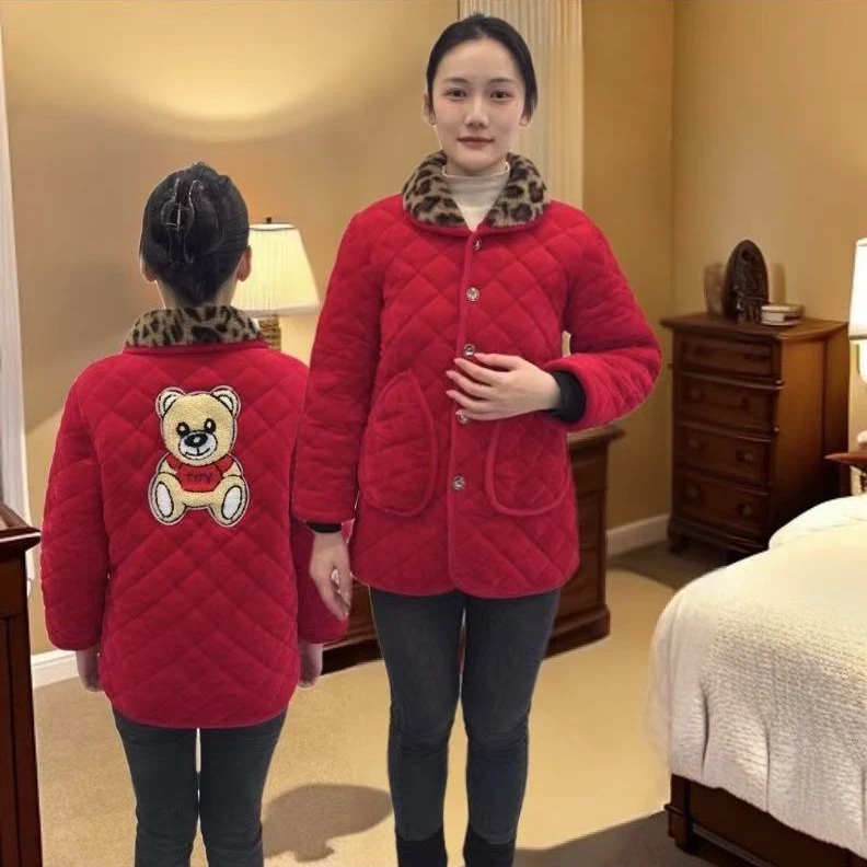 女士短款豹纹领水晶绒纯色罩衣棉服加绒加厚保暖冬天百搭时尚