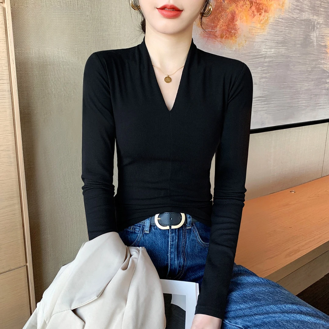黑色V领打底衫女内搭秋冬季高级感长袖正肩T恤设计感小众洋气上衣
