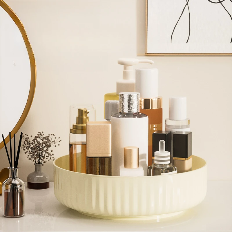 奶油风桌面化妆品收纳盒可旋转亚克力梳妆护肤品浴室洗漱台置物架
