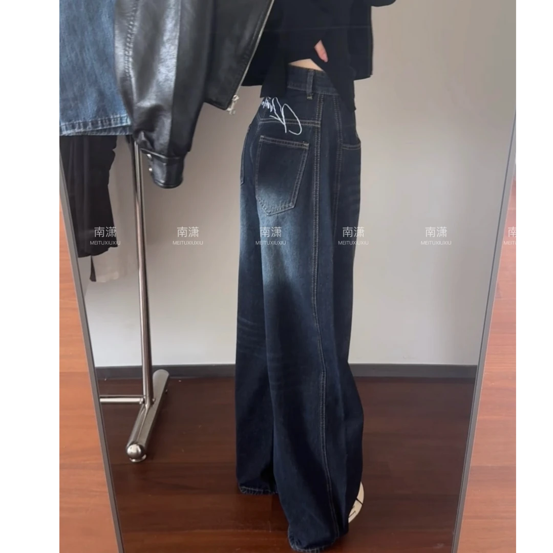 美式弯刀阔腿牛仔裤女爆款2025新款辣妹宽松显瘦直筒垂感拖地裤子