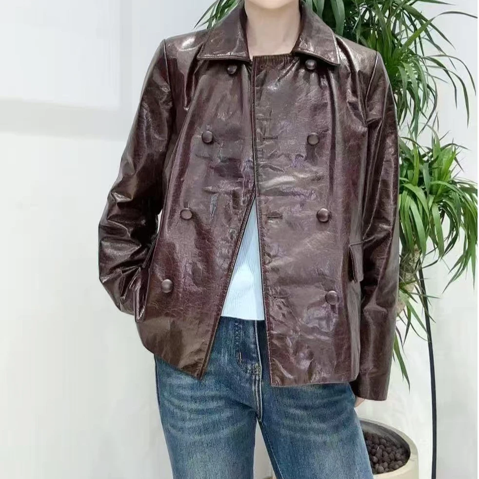 程程66502双排扣气质POIO领皮衣外套春秋短款时尚休闲百搭女士