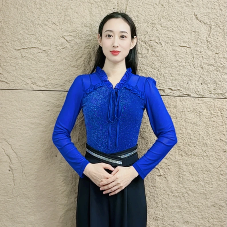 欢舞阁吉特巴摩登双人舞广场舞时尚百搭木耳领长袖舞衣A0785