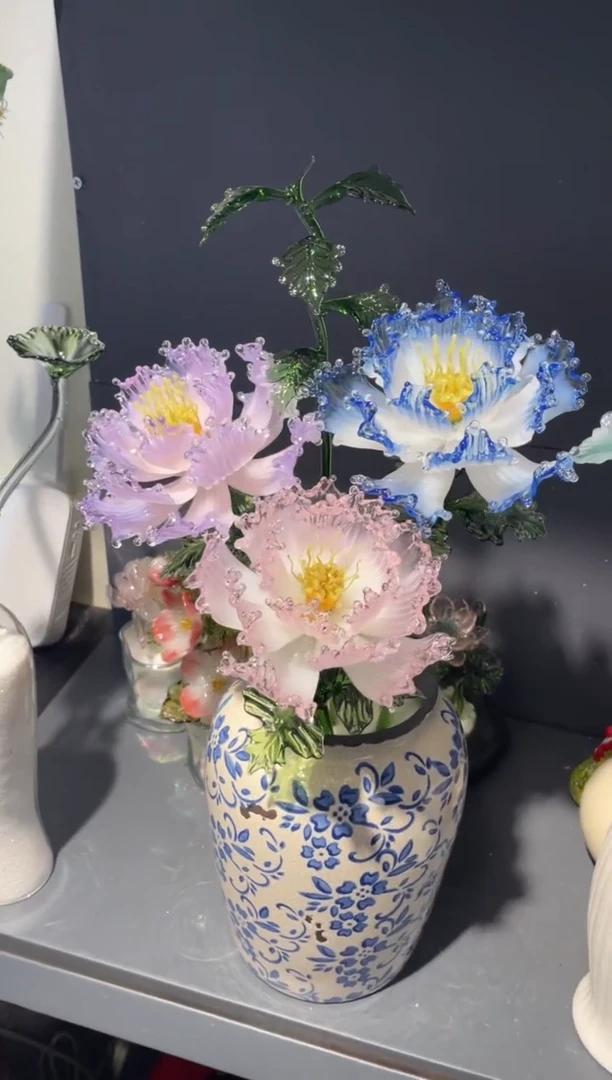 琉璃39牡丹3花1叶 送花瓶