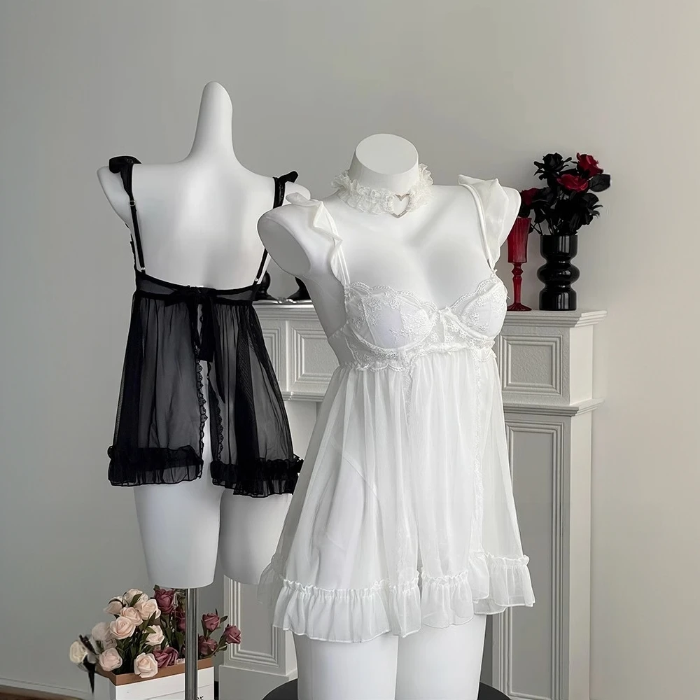 「少女奶盖」法式宫廷风性感约会穿搭网纱居家吊带胸垫睡裙睡衣套装