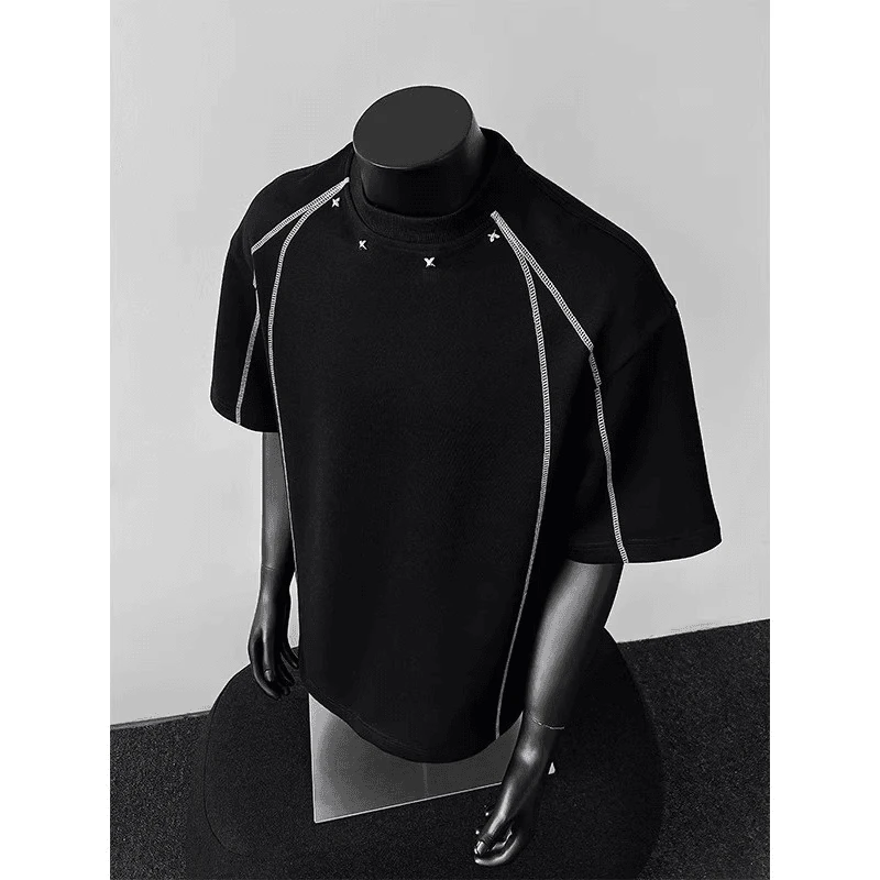 美式高街解构拼接短袖男款夏季潮牌设计感小众五分袖重磅硬挺t恤