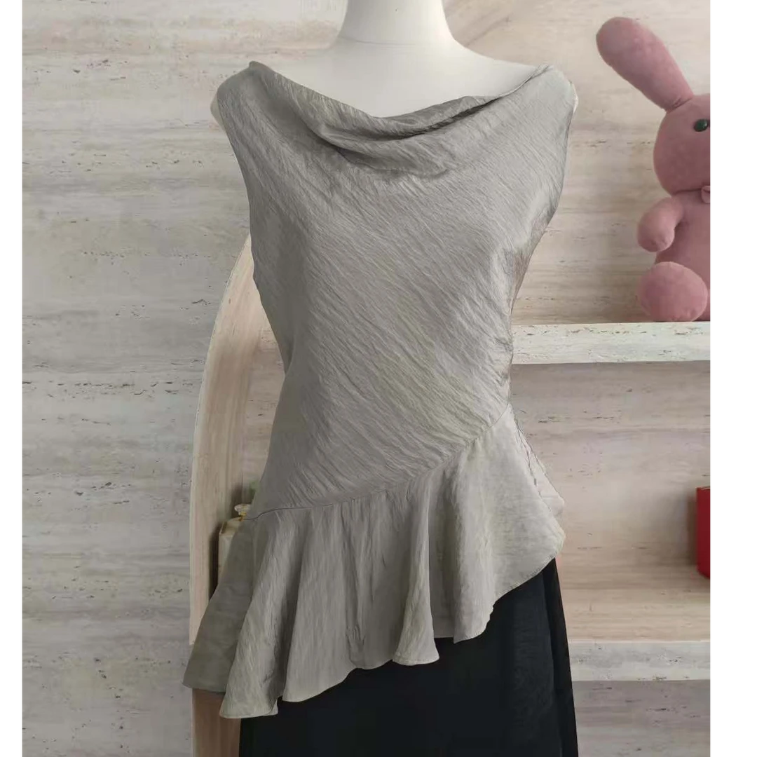 MU女士原创设计休气质不规则吊带上衣时尚夏季灰色无袖