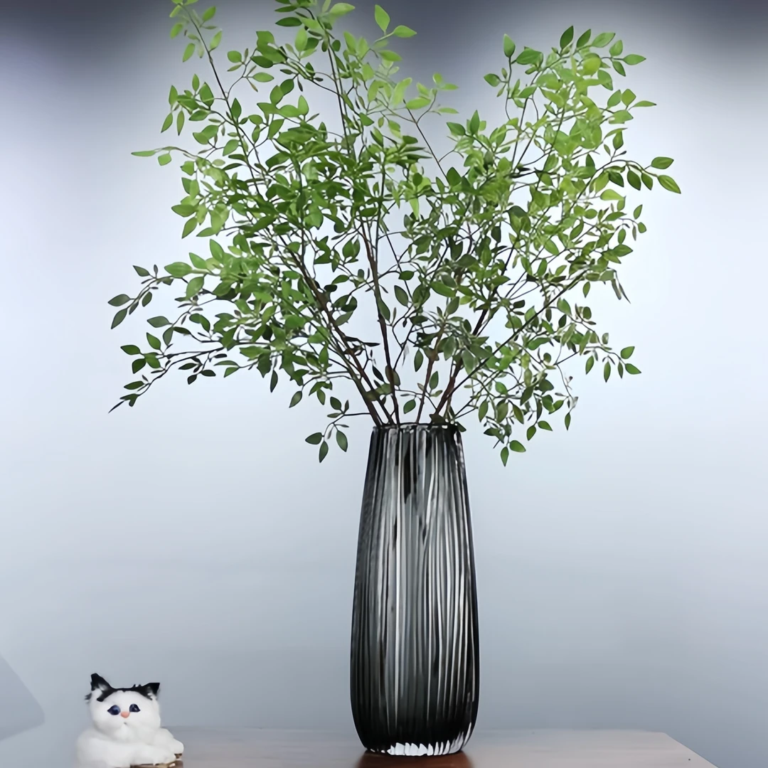 高烟灰竖条收口38CM水晶玻璃花瓶原色百合雪柳龙柳桌面落地摆件