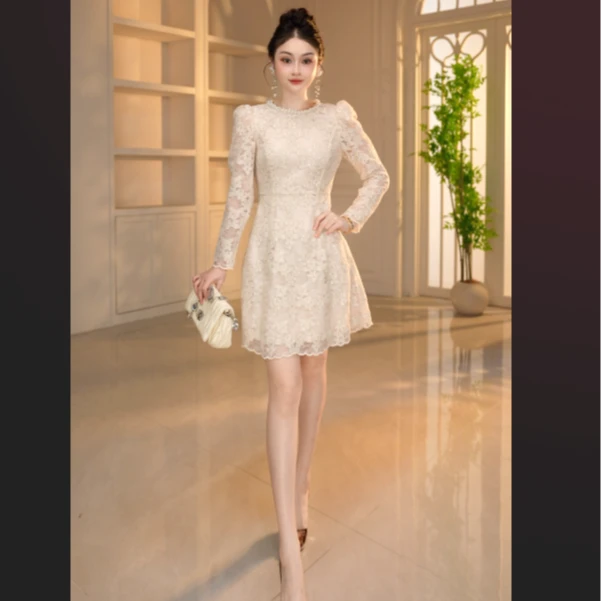 【显瘦定制】气质小个子轻奢显瘦复古连衣裙宫廷风蕾丝优雅45372
