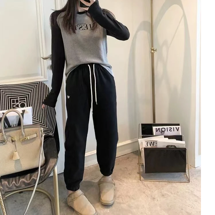 7760 冬季新款女装韩版时尚运动松紧高腰加绒束脚灯笼卫裤女