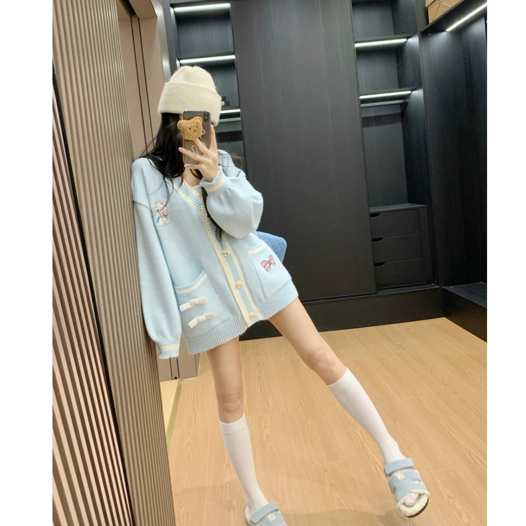 Leathercat针织开衫女2025秋季款韩系宽松慵懒学院风v领毛衣外套